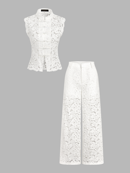 Frog Button Mandarin Collar Lace Vest & Pants Set
