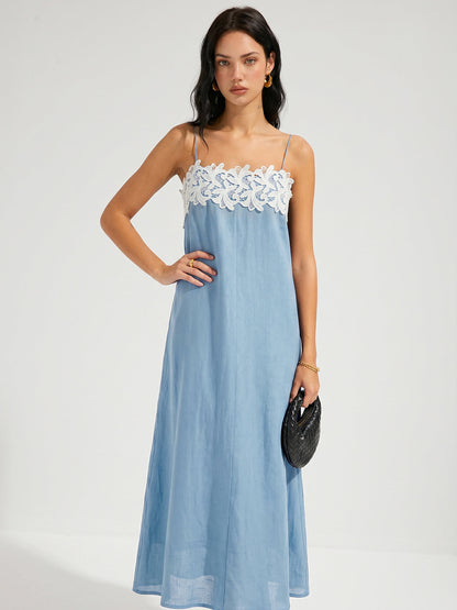 Lace Trim Linen-Blend Cami Maxi Dress