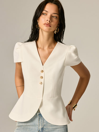 Puff Sleeve Peplum Metal Button Blouse