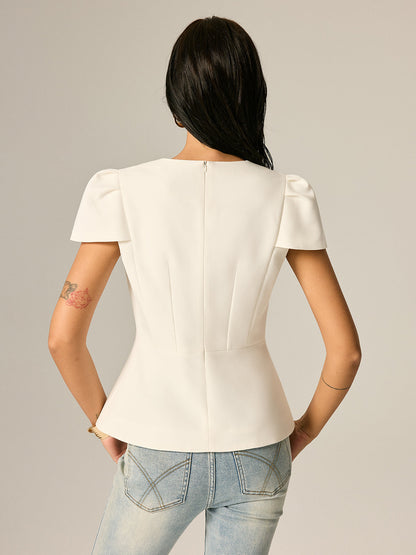 Puff Sleeve Peplum Metal Button Blouse