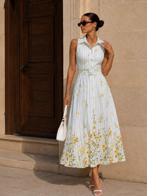 Floral Striped Sleeveless Belted Midi Dress