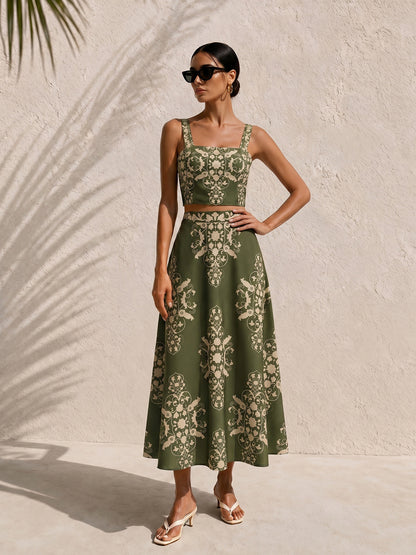 Baroque Print Cami Crop Top & Maxi Skirt Set