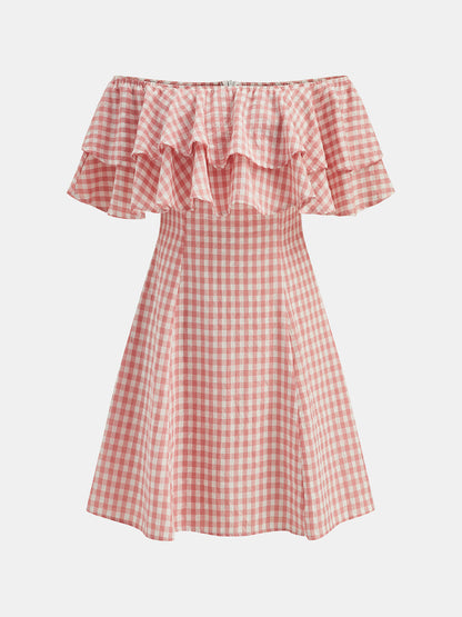 Off Shoulder Ruffle Gingham Mini Dress