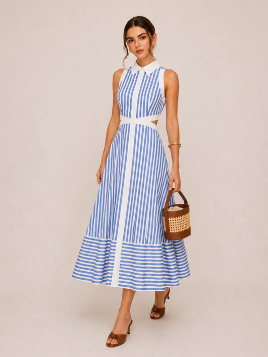 Striped Cut-Out Shirt Midi Dress