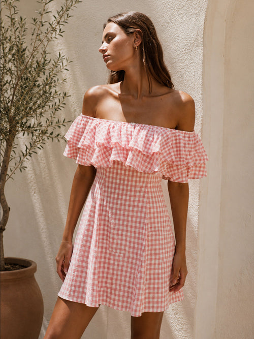 Off Shoulder Ruffle Gingham Mini Dress