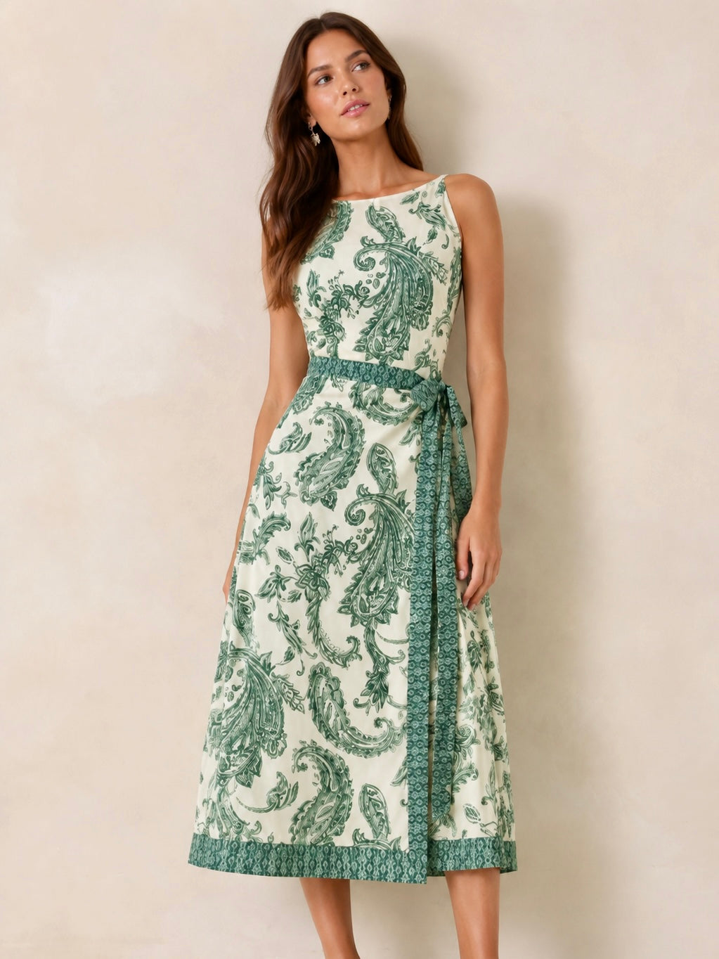 Paisley Wrap Tie Midi Slip Dress