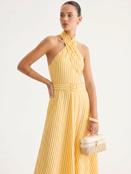 Striped Halter Belted Maxi Dress