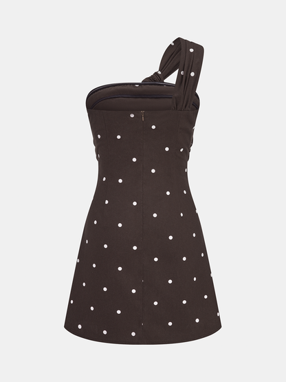 Polka Dot One Shoulder Linen Blend Mini Dress