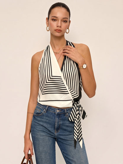 Geometric Stripe Halter Wrap Tie Satin Top