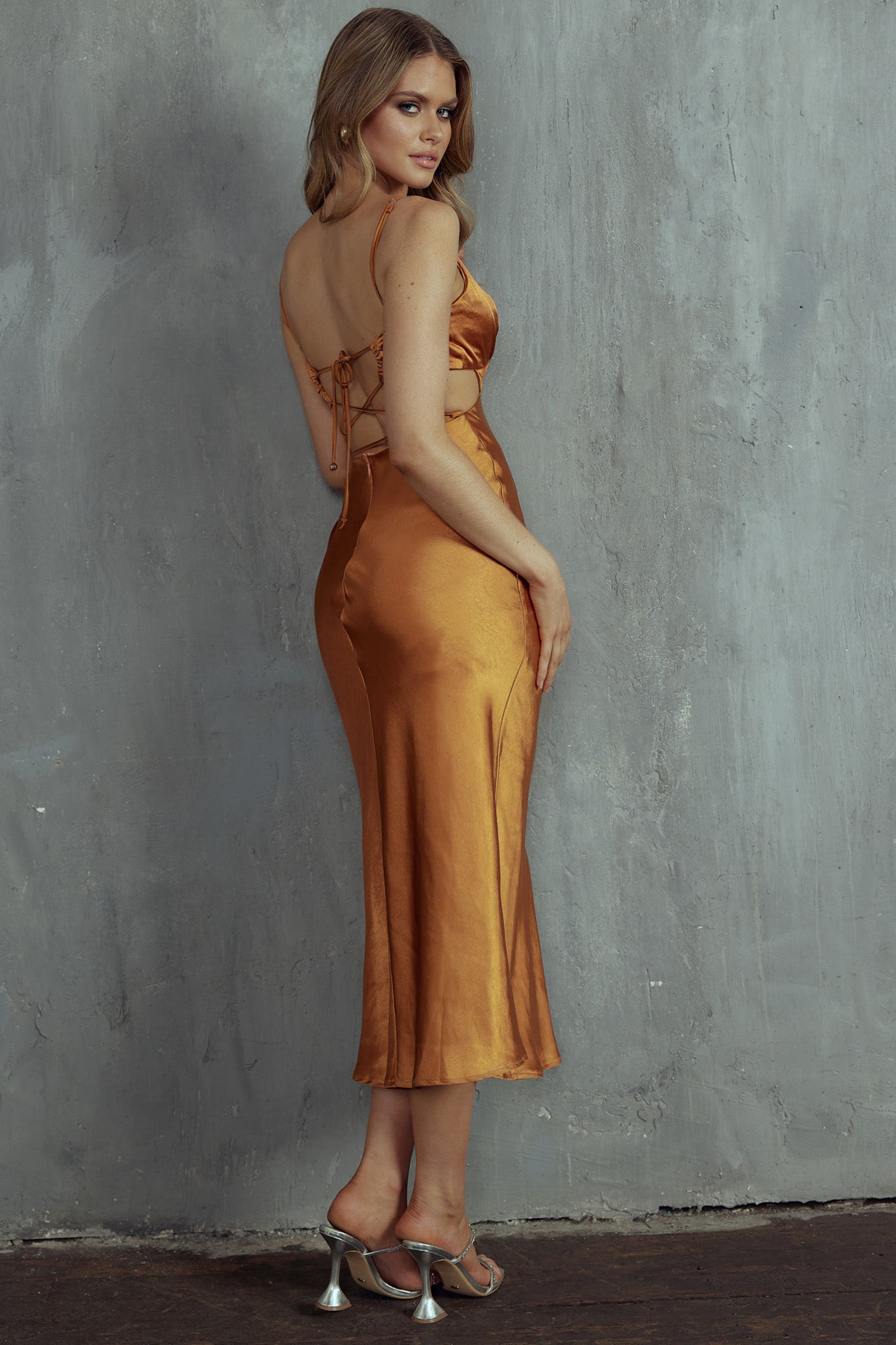 City Lights Cut-Out Waist Strappy Back Midi Dress Bronze
