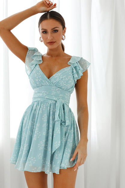 Lola Ruffle Shoulder Ruched Dress Leaf Print Blue