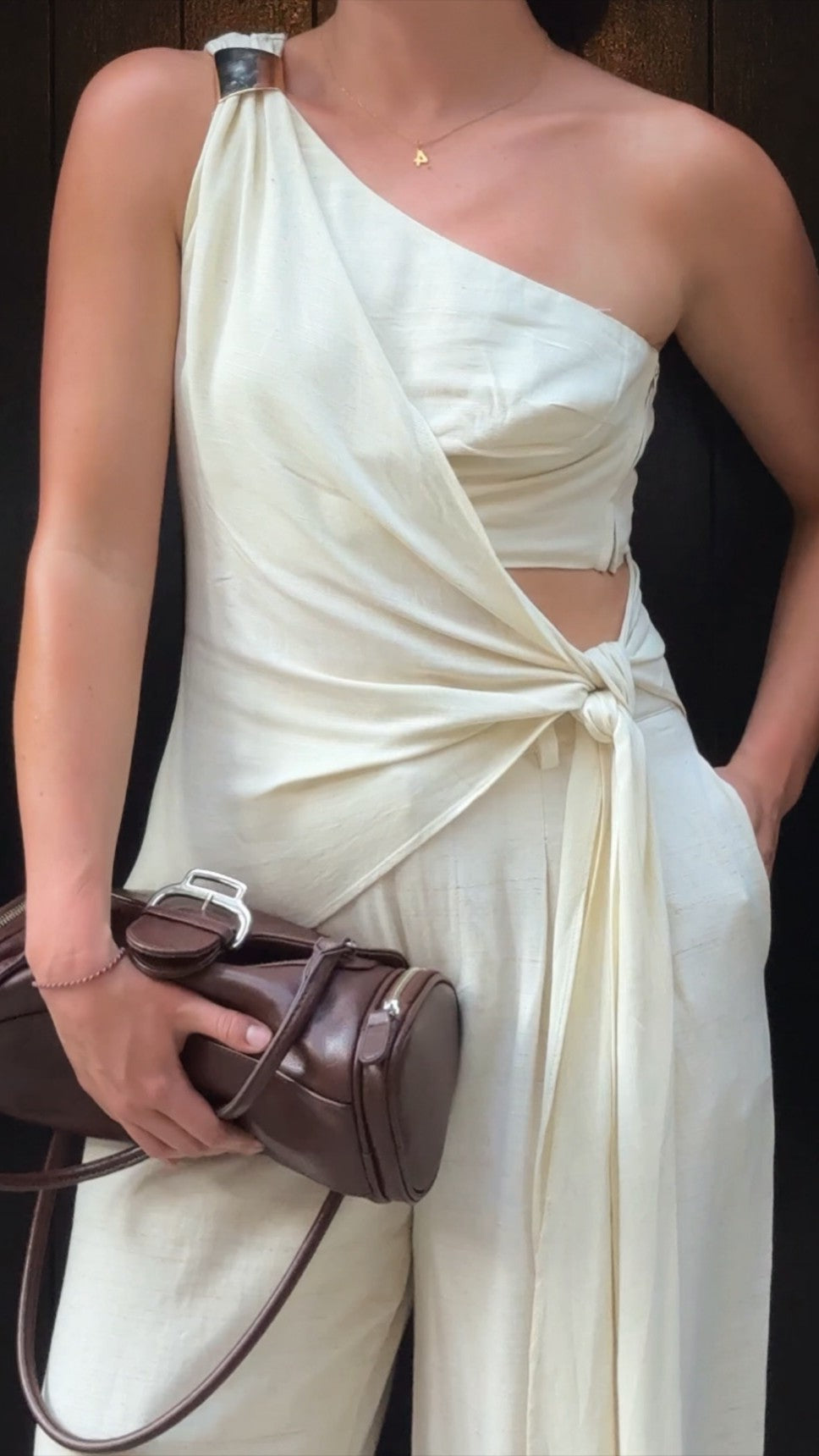 Leela One Shoulder Top and Pants Set - Beige